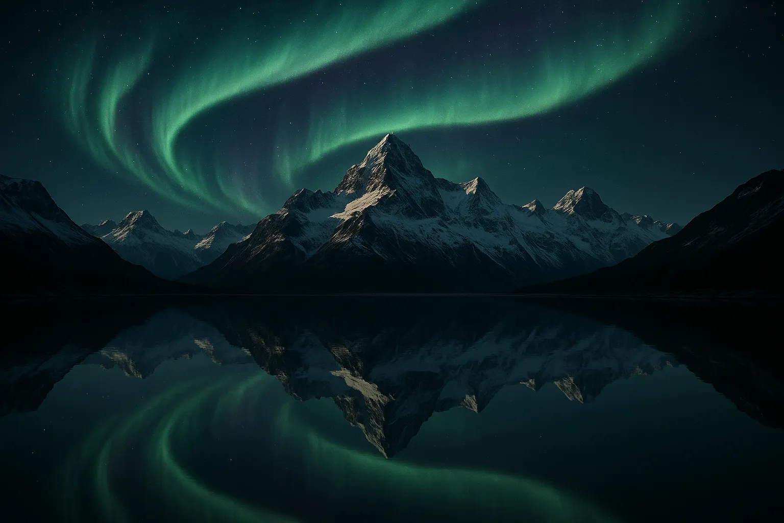 Aurora Peaks — Snow peaks beneath a ribbon of northern lights