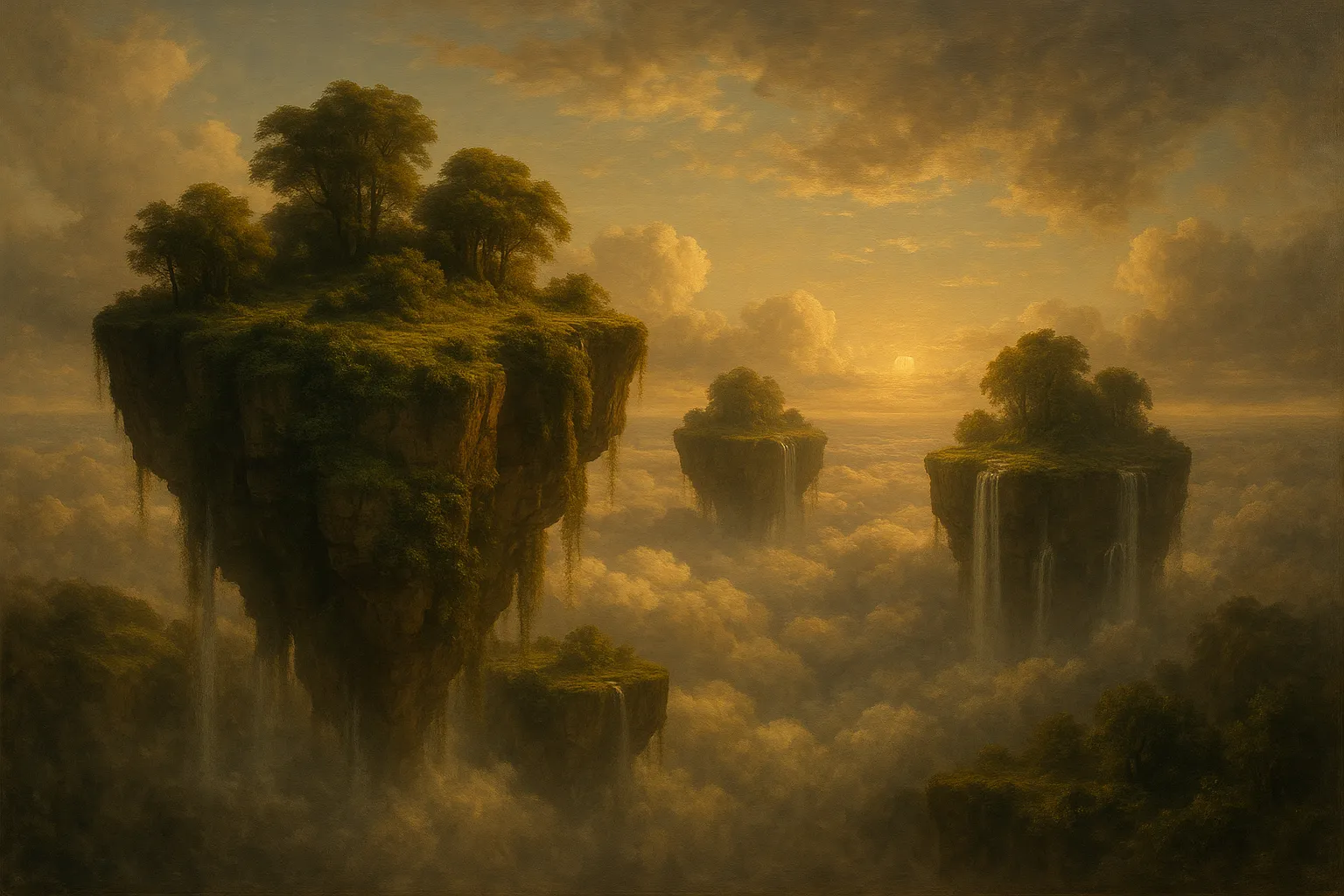 The Floating Isles — Floating islands above a sea of clouds at golden hour
