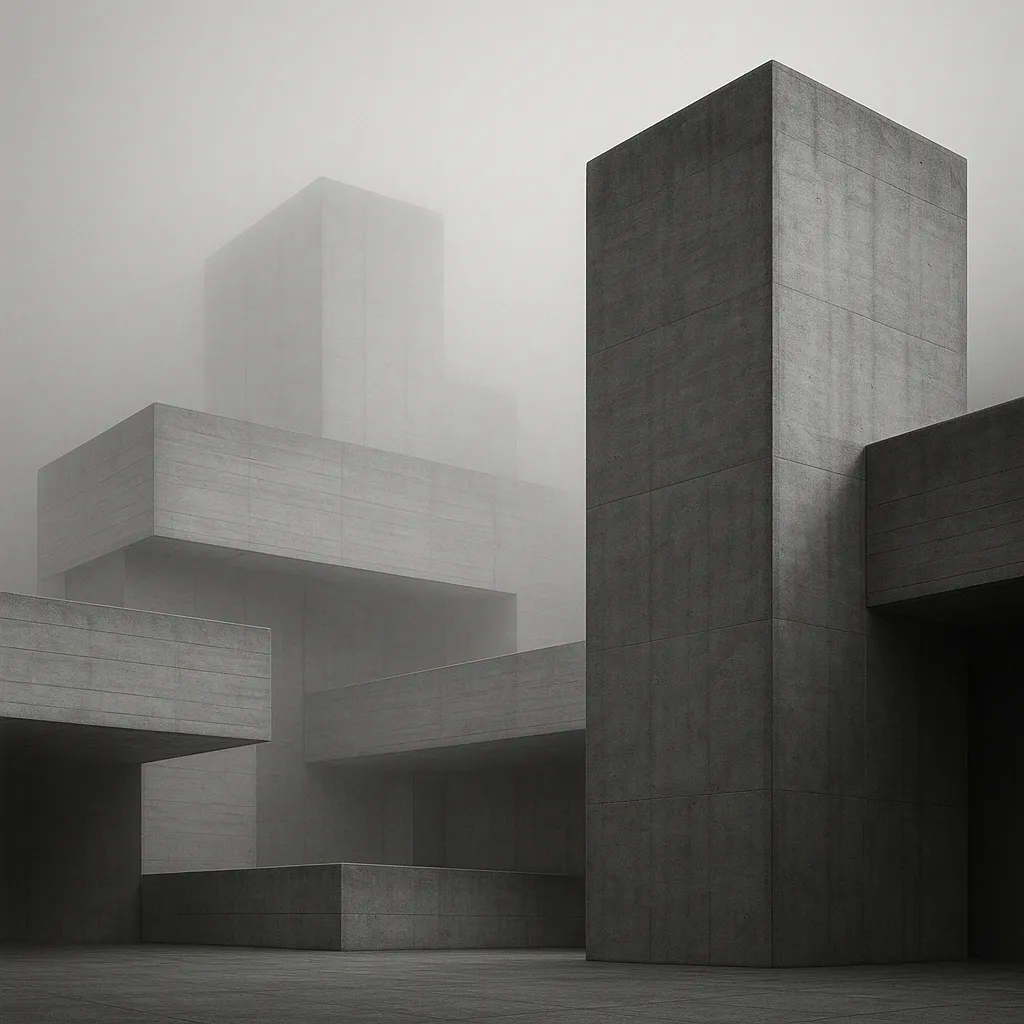 Monolith — Minimal brutalist forms dissolving into fog