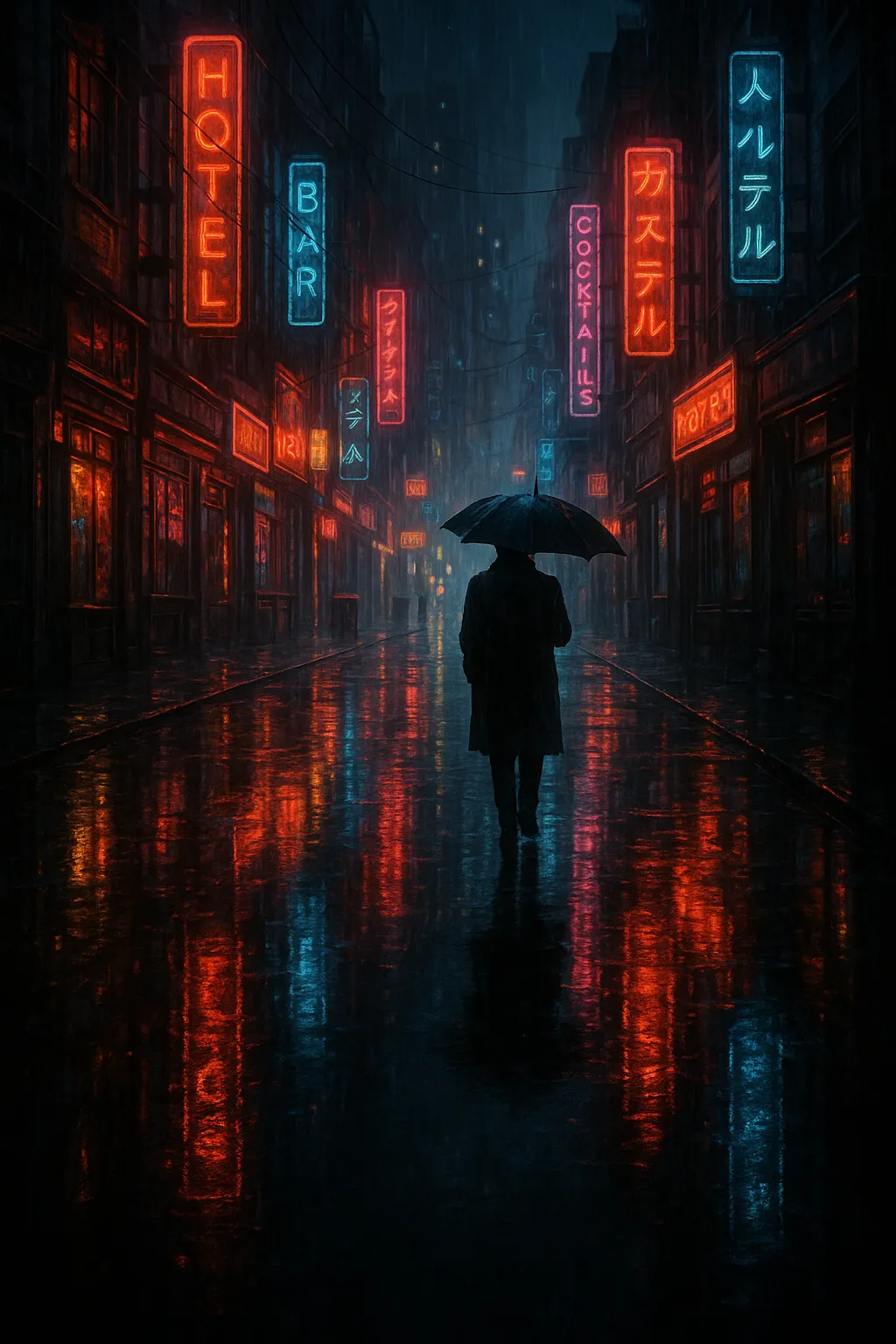 Neon Rain — A rain-soaked neon street, cinematic and moody