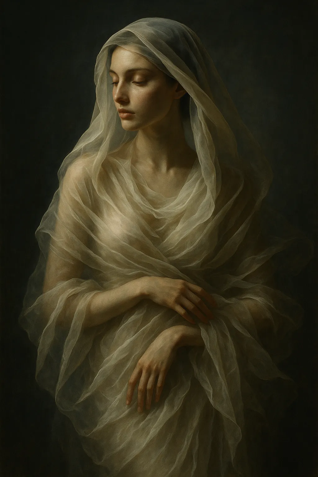 Porcelain Muse — An ethereal portrait wrapped in flowing silk and light